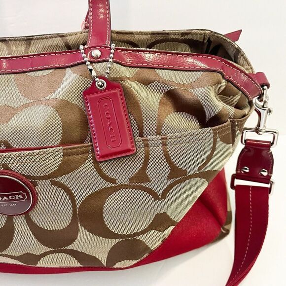 Coach Khaki Signature Cherry Red Tote Bag Handbag Weekender F17443 Patent Large - Picture 7 of 16